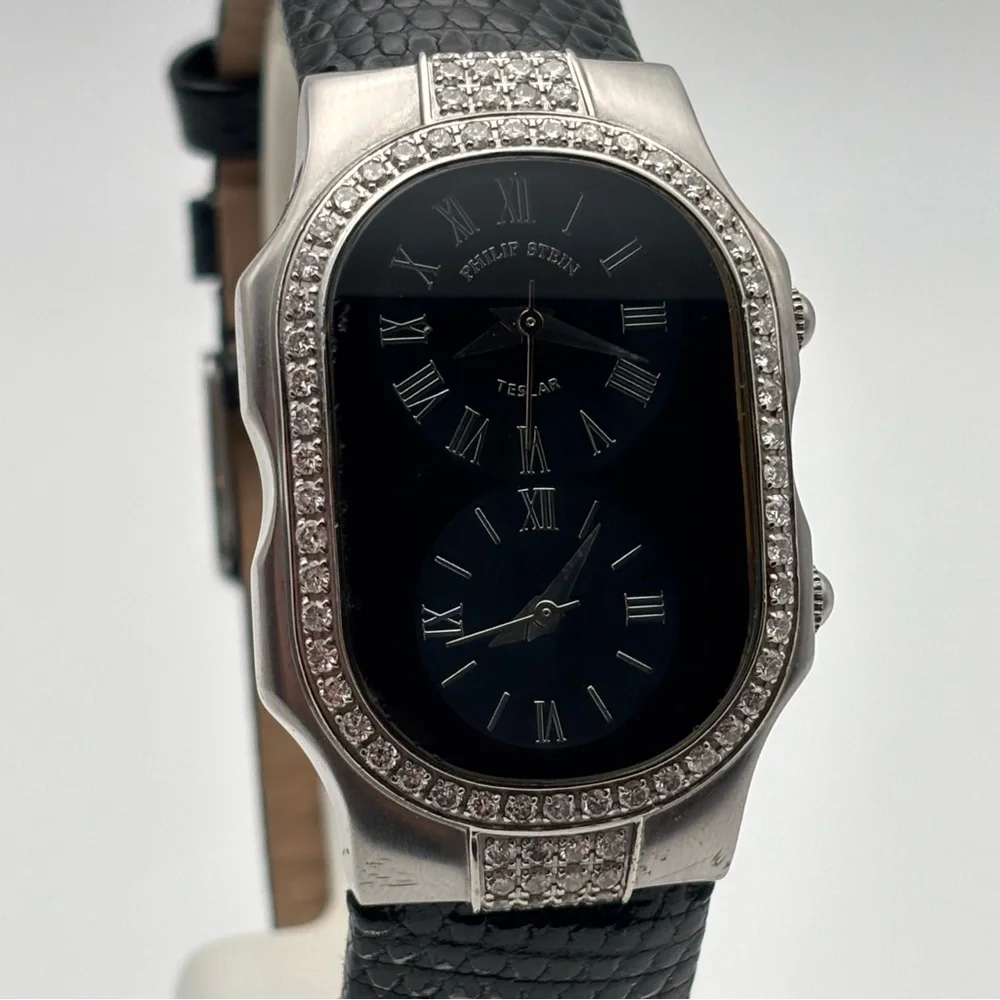 Philip Stein Teslar Dual Time Diamond Bezel Watch 45mm Lizard Strap - Picture 4 of 10